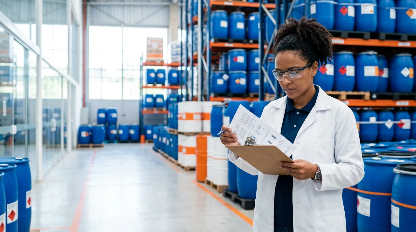 Técnica de qualidade conferindo documentos de segurança química em um armazém