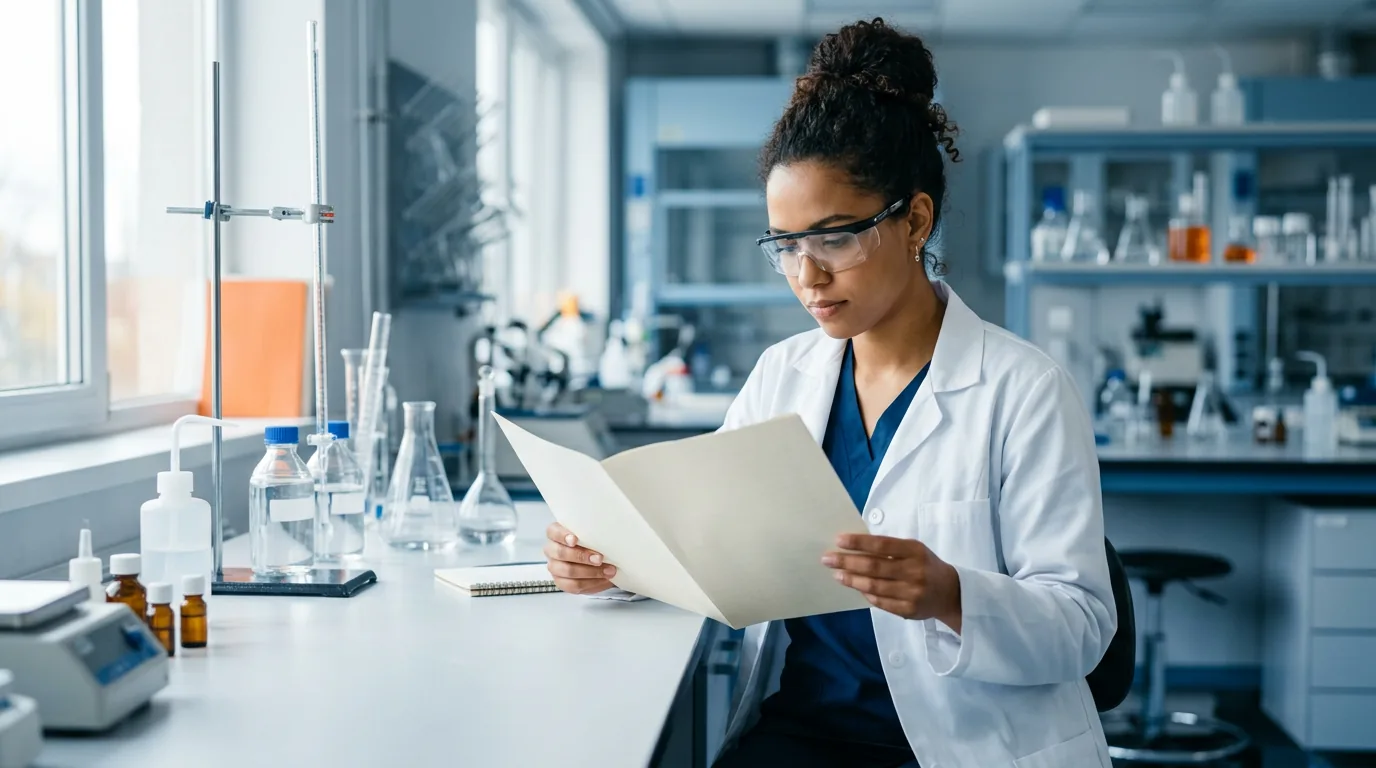 Química de jaleco lendo um documento técnico na bancada de um laboratório