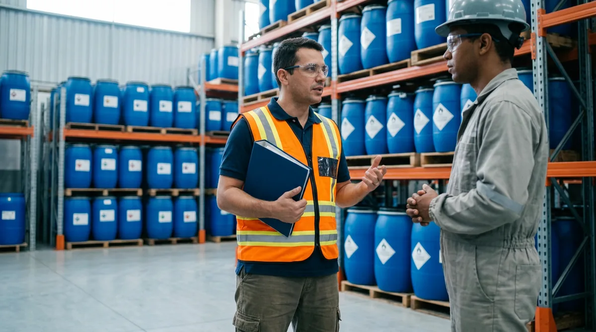 Técnico de segurança conversando com um trabalhador em um armazém de produtos químicos
