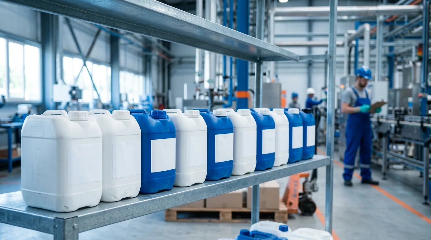 Embalagens de produtos químicos enfileiradas em uma prateleira industrial