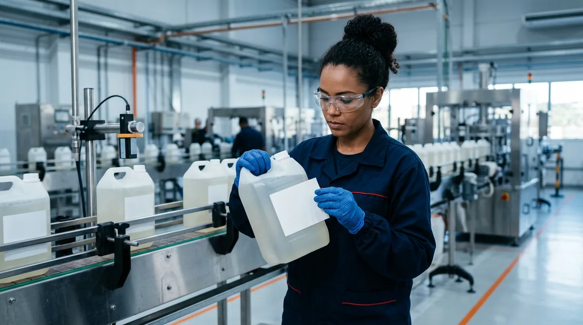 Analista de qualidade conferindo o rótulo de uma embalagem de produto químico na linha de envase